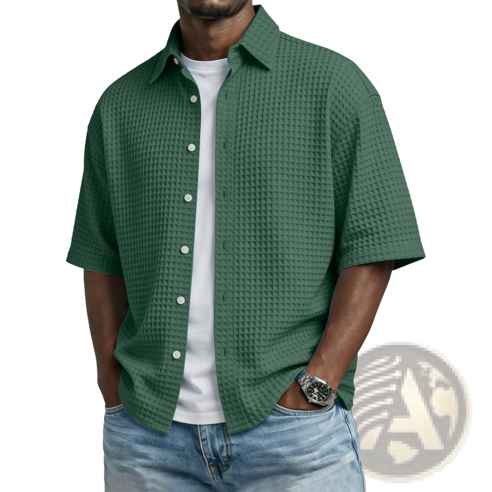 Men’s dark green waffle knit short sleeve polo shirt with white buttons made from textured fabric