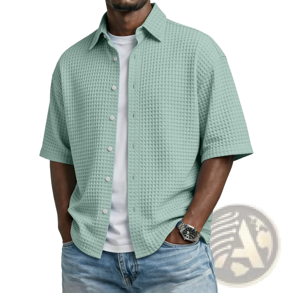 Men’s light green waffle knit short sleeve button-up shirt featuring a breathable textured fabric design