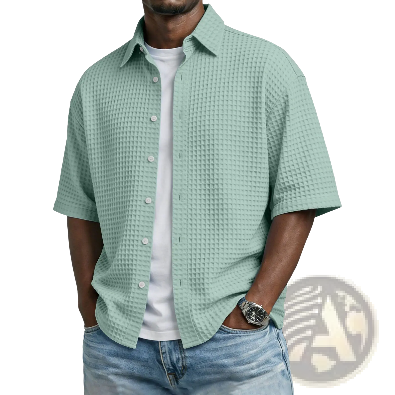 Men’s light green waffle knit short sleeve button-up shirt featuring a breathable textured fabric design