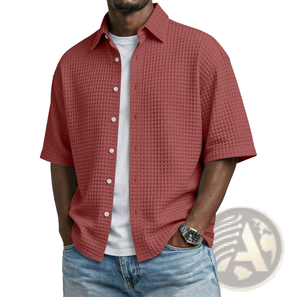 Men s waffle knit short sleeve polo shirt in rust color with white buttons and textured button up design