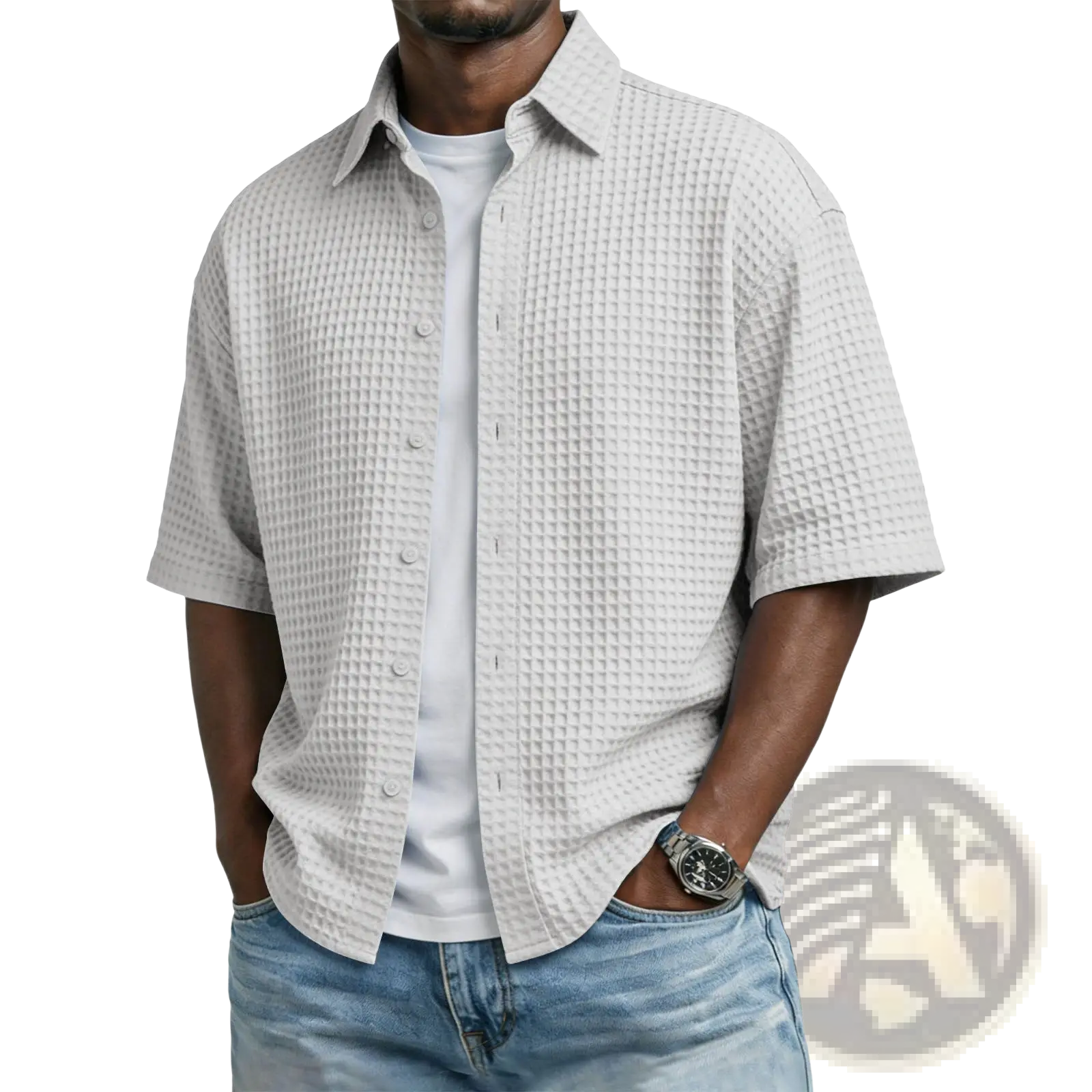 Men’s light gray waffle knit short sleeve polo shirt with button-up front made from textured breathable fabric