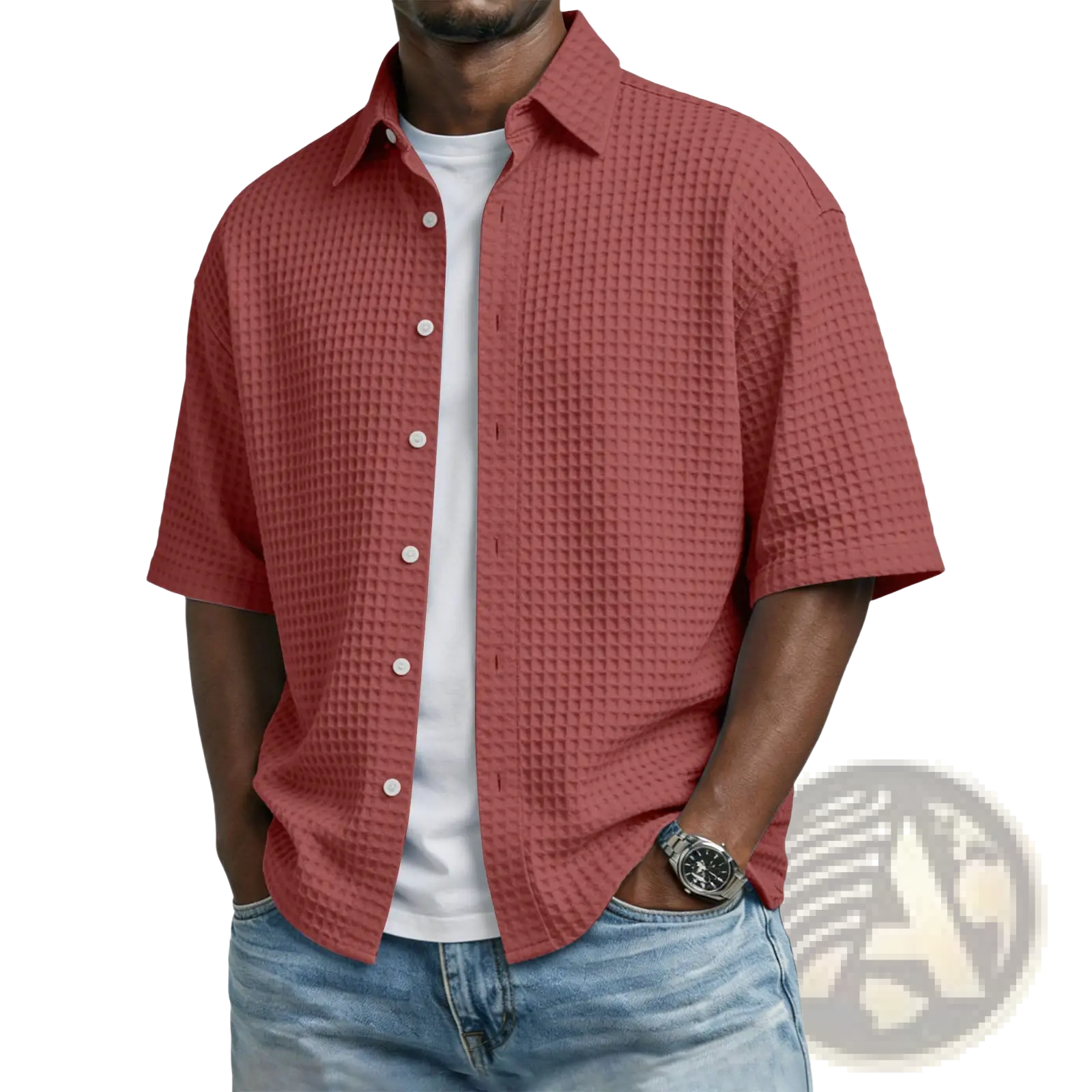 Men’s rust-colored waffle knit short sleeve polo shirt with white buttons and textured fabric design