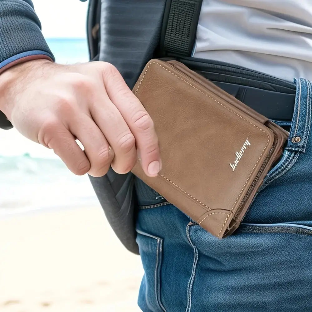 Men’s classic slim brown leather wallet with stitched edges and a subtle brand logo shown from the back side