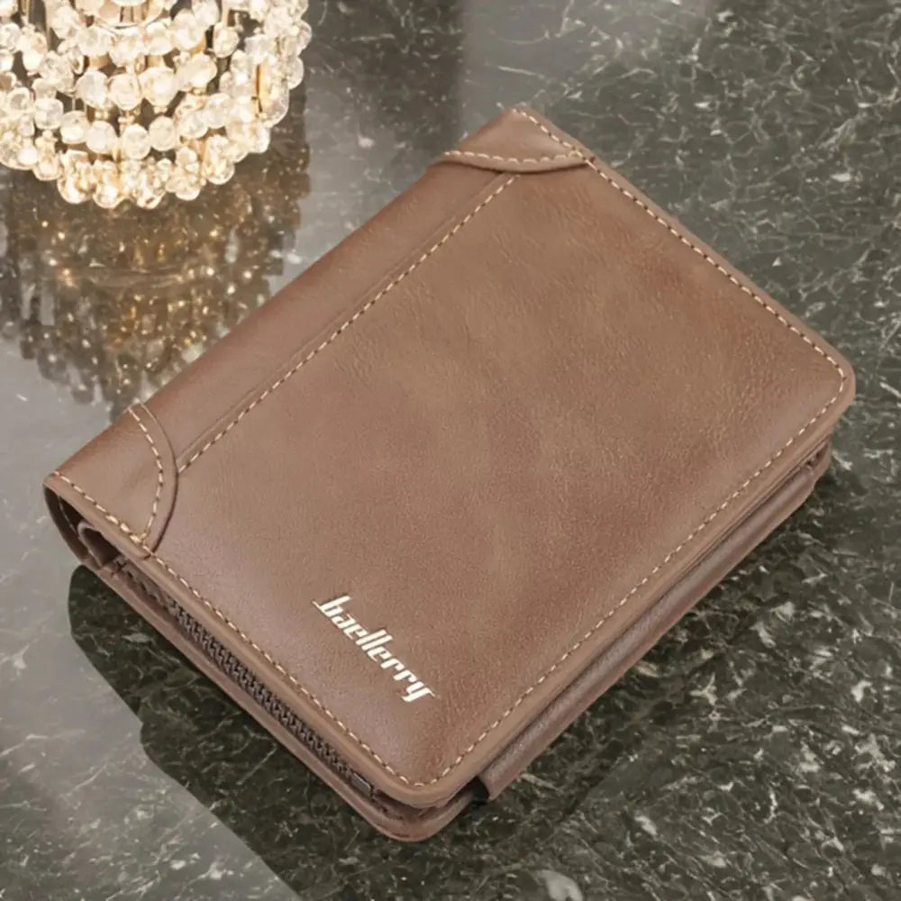 Men’s classic slim stitched leather wallet in brown with white stitching and baellerry logo embossed on the front