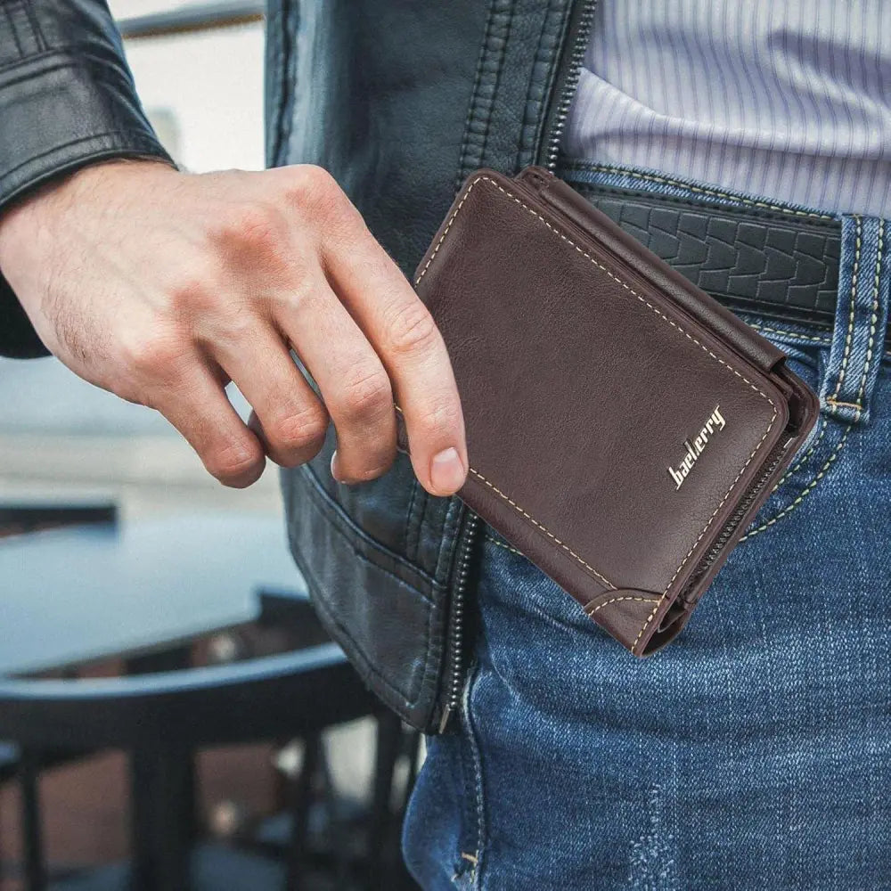 Men’s classic slim stitched leather wallet in brown with stitched edges and subtle brand logo on the corner