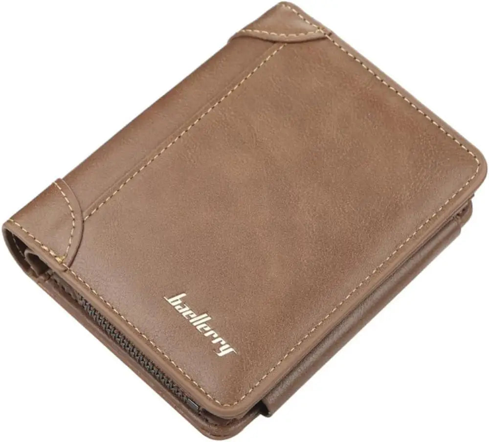 Men’s classic slim brown leather wallet with stitched edges and a subtle haellerry logo on the front side