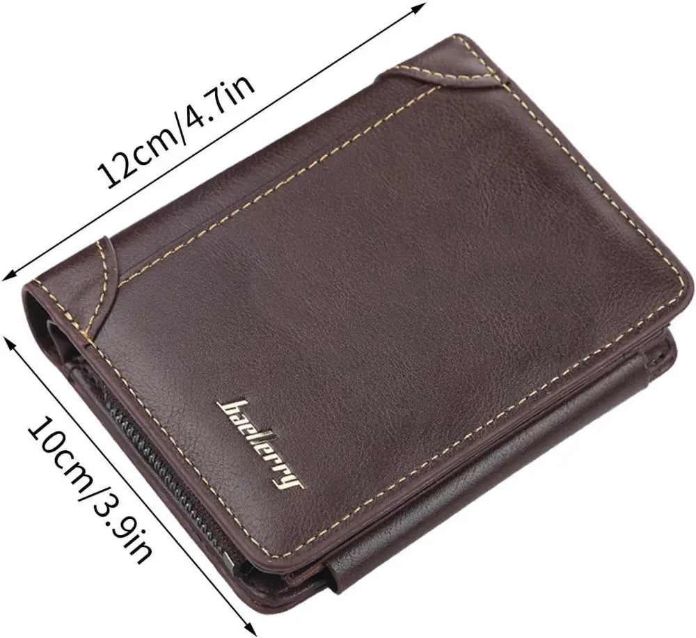 Men’s classic slim stitched leather wallet in brown with white stitching and a silver haelery logo on the front