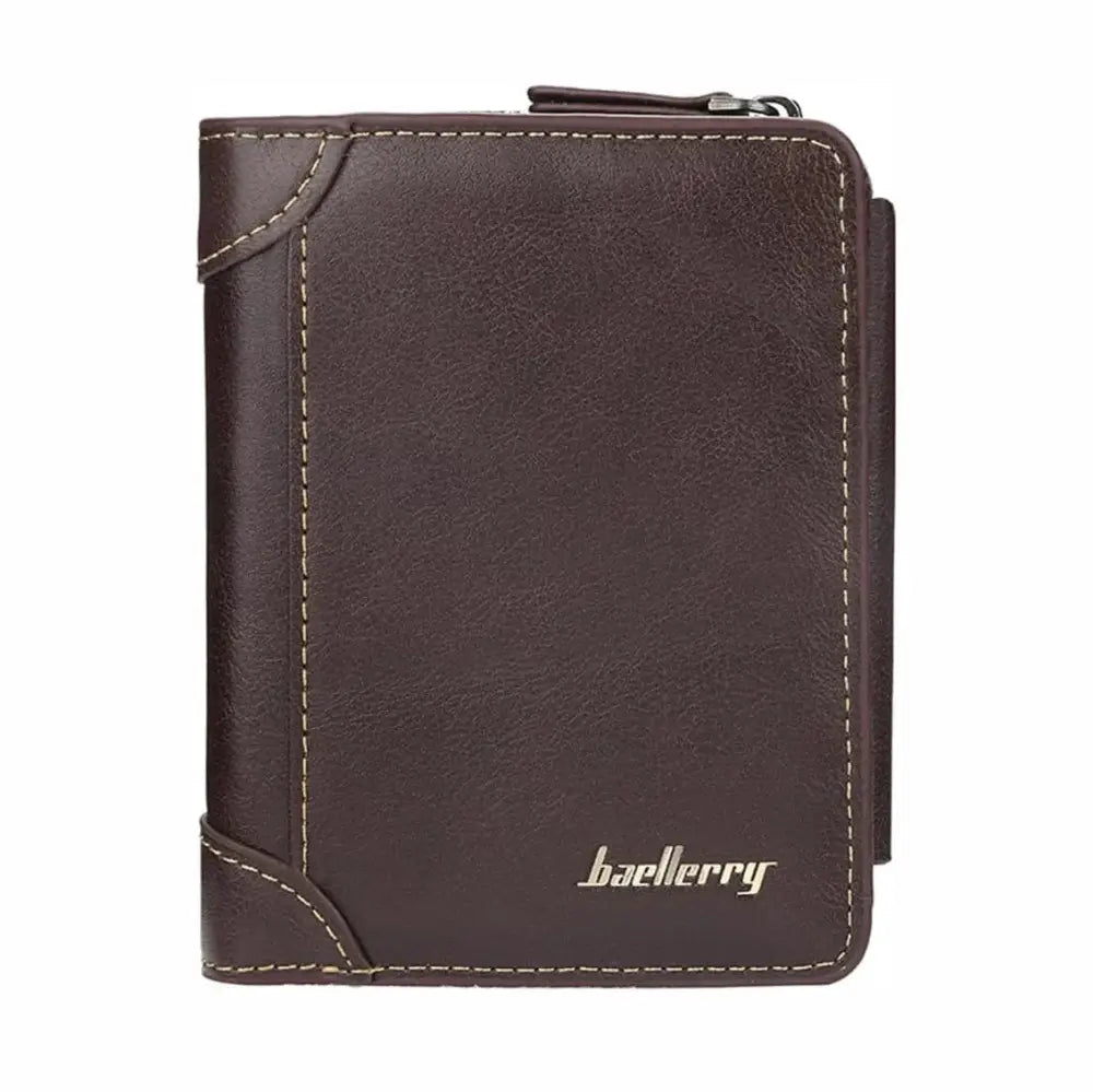 Men’s classic slim brown leather wallet with light stitching zipper closure and baellerry brand embossing on front
