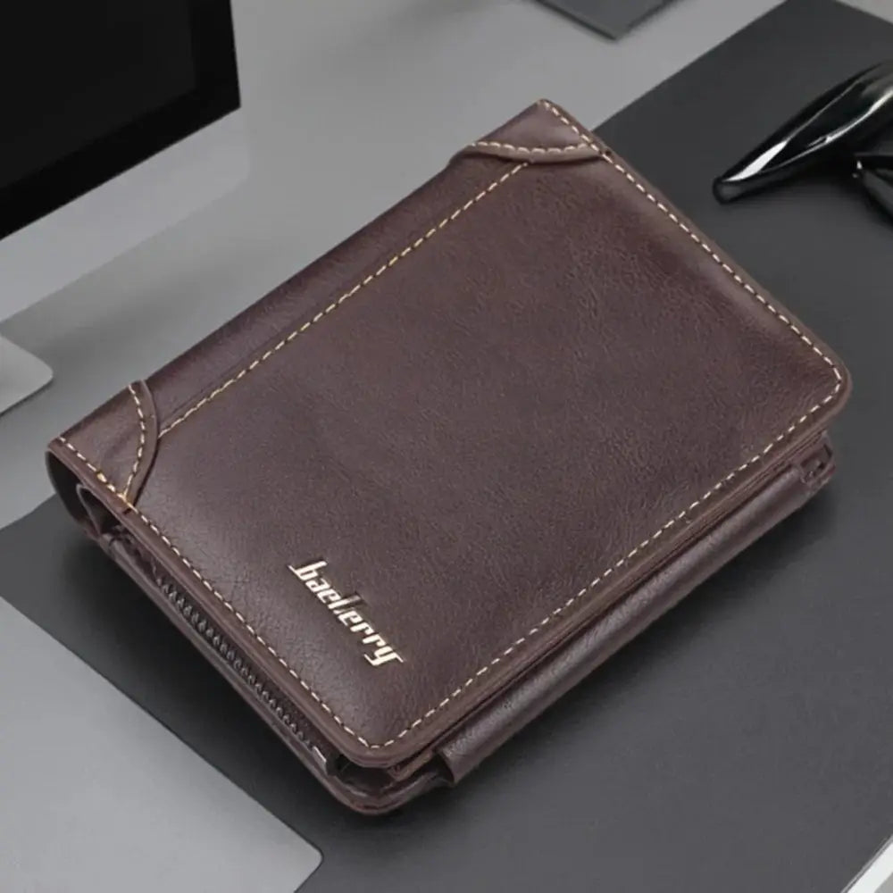 Men’s classic slim brown leather wallet with white stitching and silver baelerry logo for everyday use