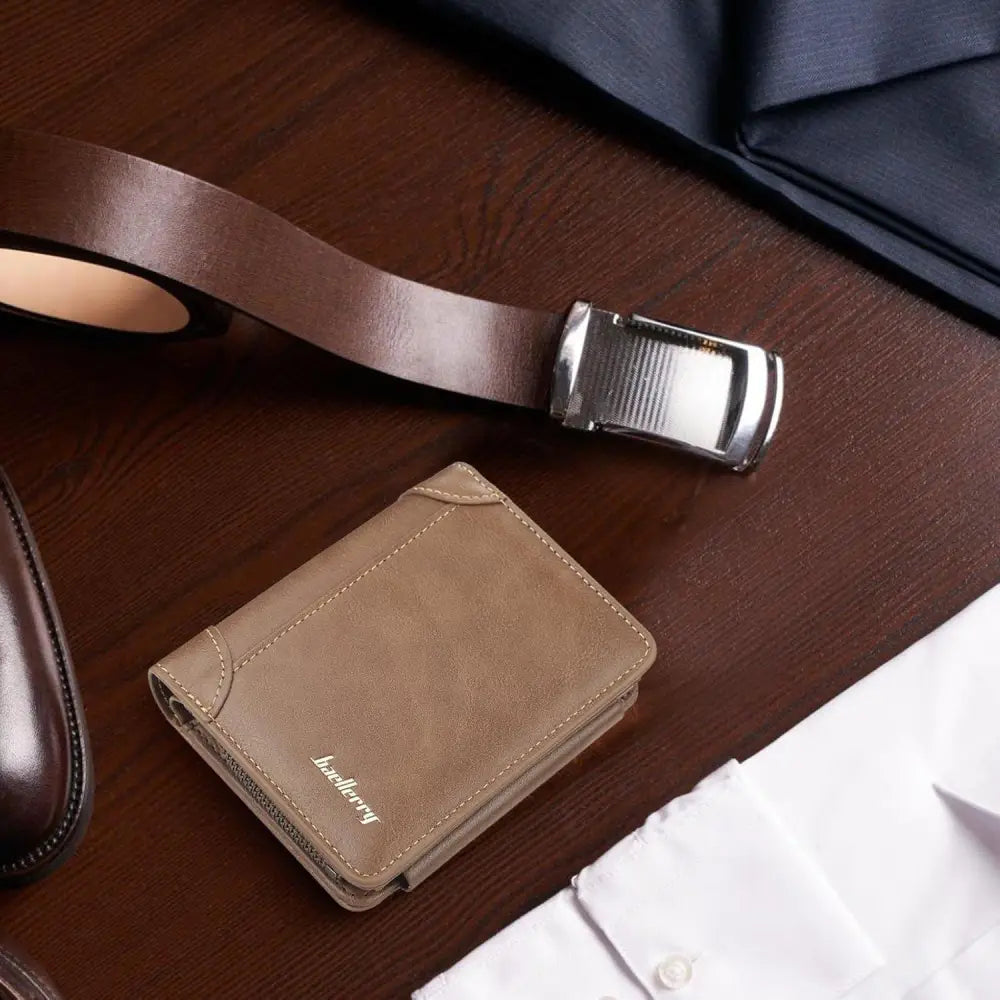 Men’s classic slim stitched leather wallet in tan suede with stitched edges and a subtle brand logo visible