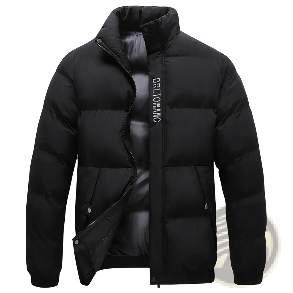 Men’s warm padded down jacket gray featuring black quilted puffer design with vertical bretonnac logo on left chest