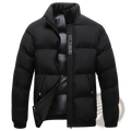 Men’s warm padded down jacket gray featuring black quilted puffer design with vertical bretonnac logo on left chest