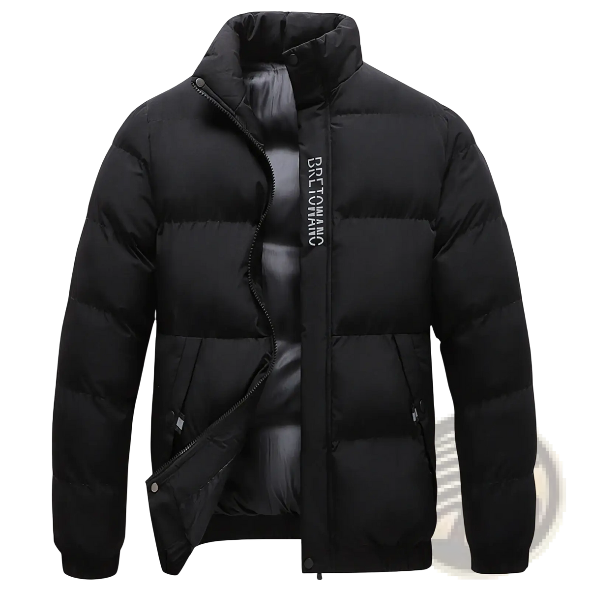 Men’s warm padded down jacket gray featuring black quilted puffer design with vertical bretonnac logo on left chest