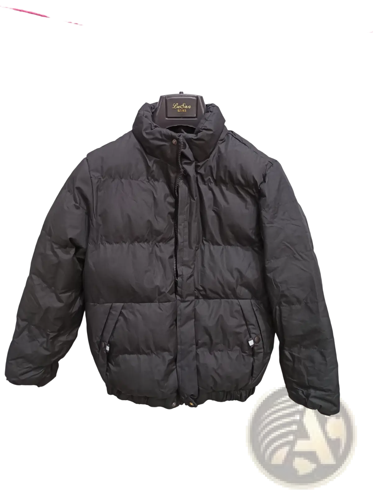 Men’s warm padded down jacket gray in black with high collar and quilted design hanging on a hanger
