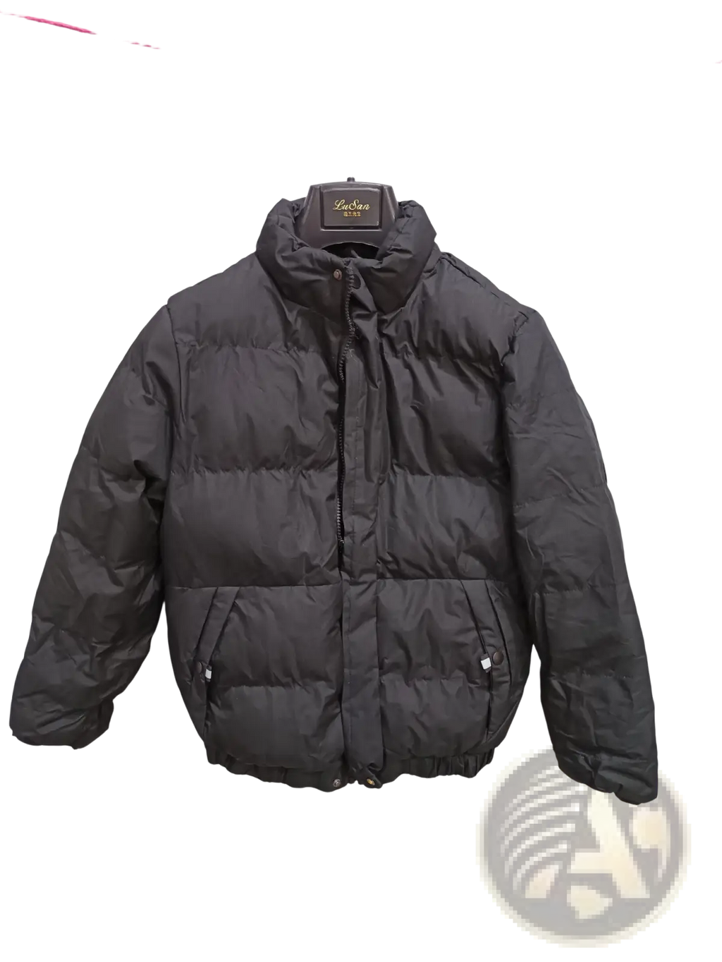 Men’s warm padded down jacket gray in black with high collar and quilted design hanging on a hanger