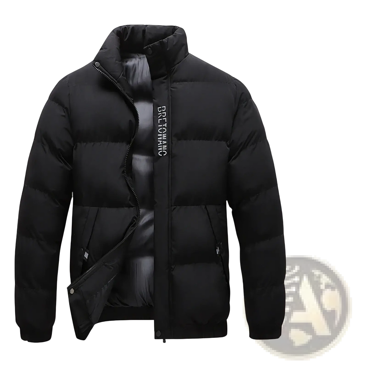 Men’s warm padded down jacket gray with black puffer design, high collar, vertical zipper, and brtown logo embroidery