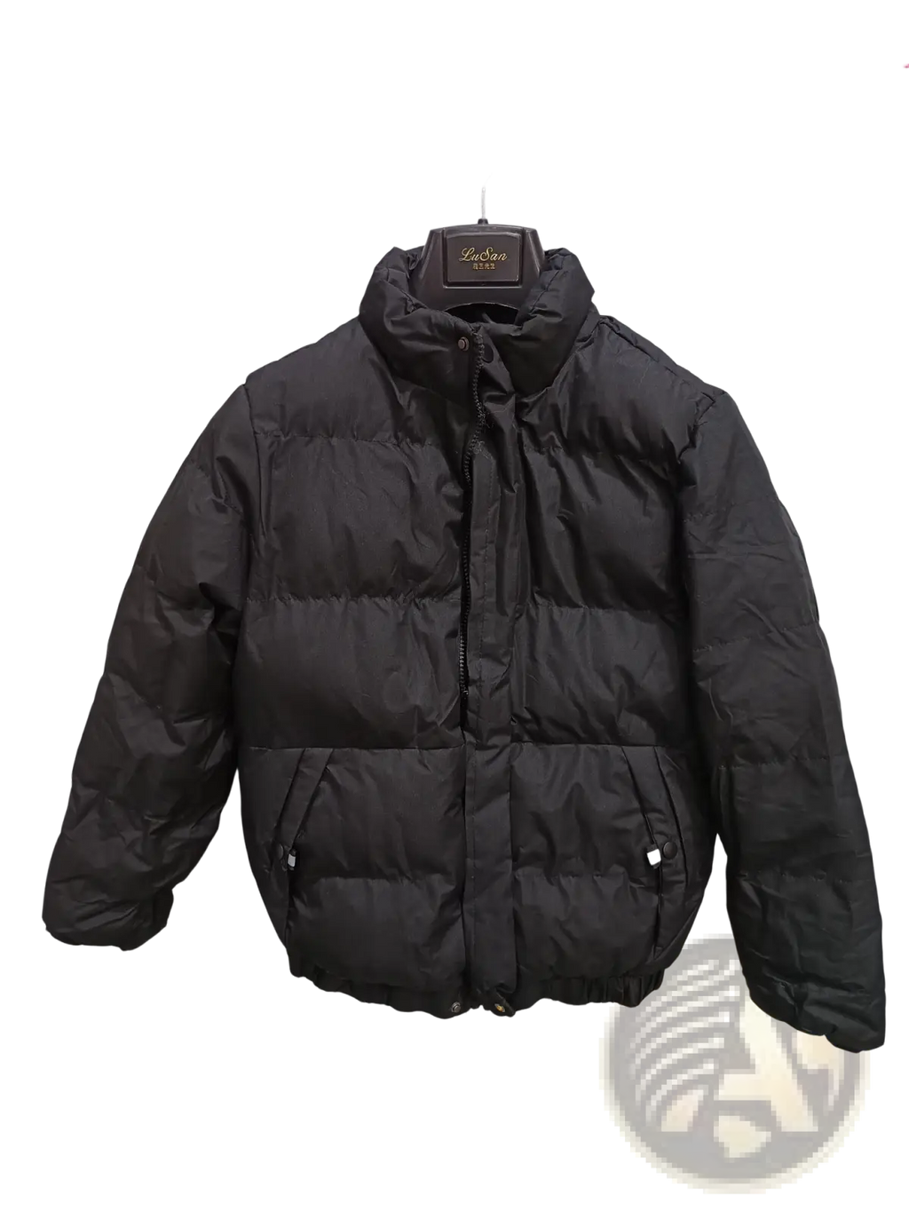 Black puffer jacket with high collar and front zipper hanging on hanger in men’s warm padded down jacket gray style