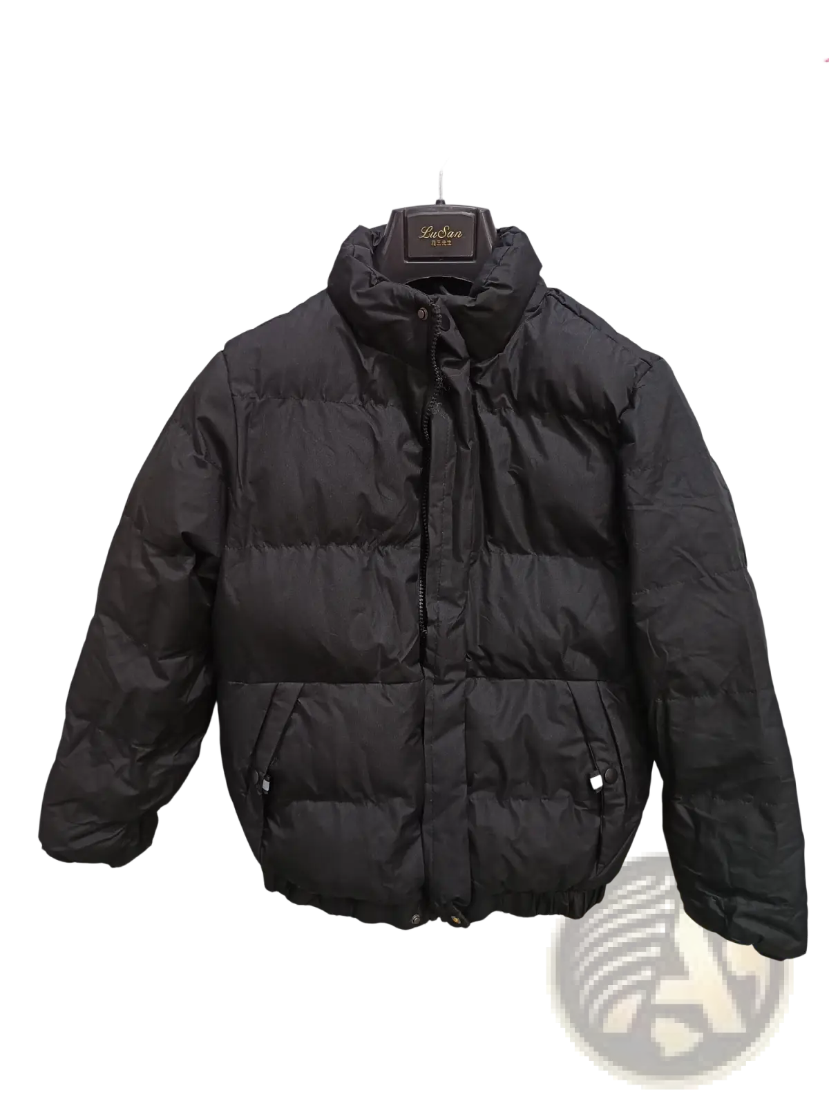 Black puffer jacket with high collar and front zipper hanging on hanger in men’s warm padded down jacket gray style
