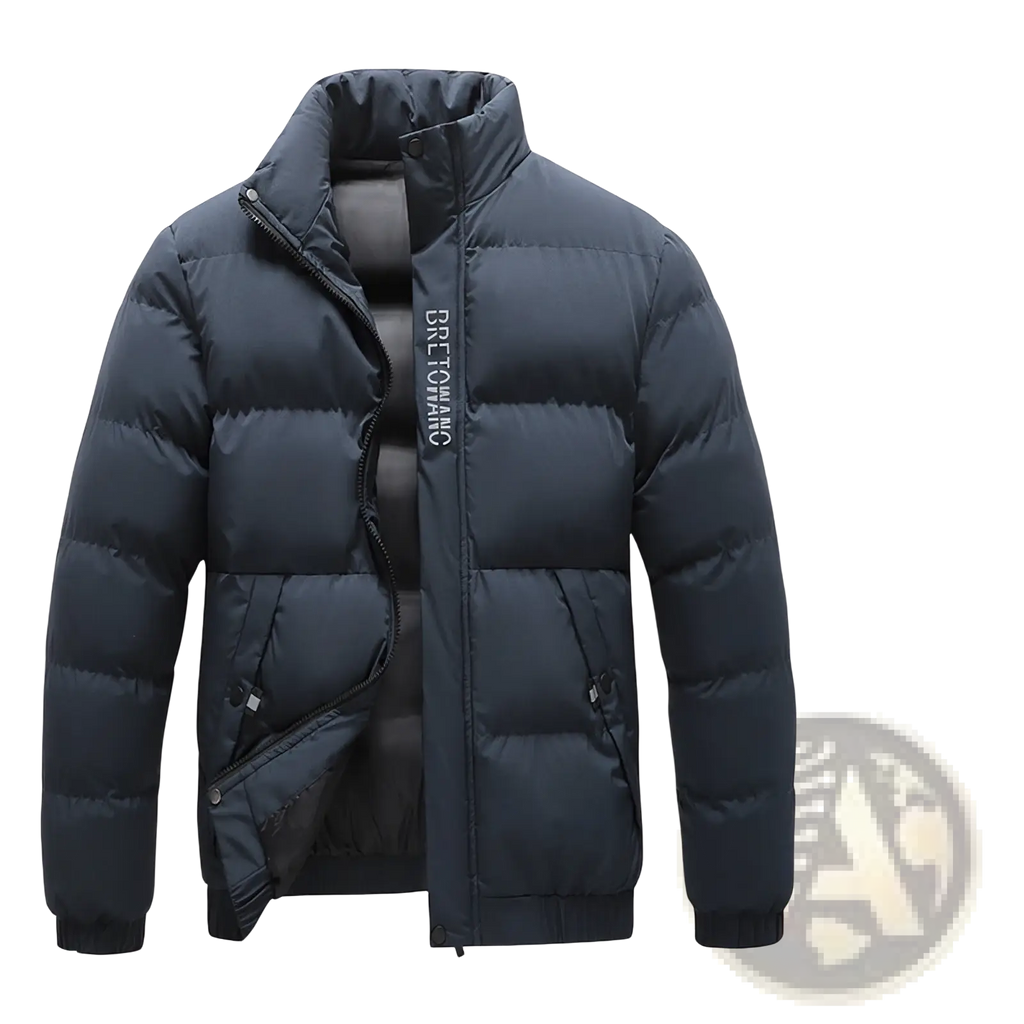Men’s dark navy warm padded down jacket with quilted design and vertical branding on the front for cold weather