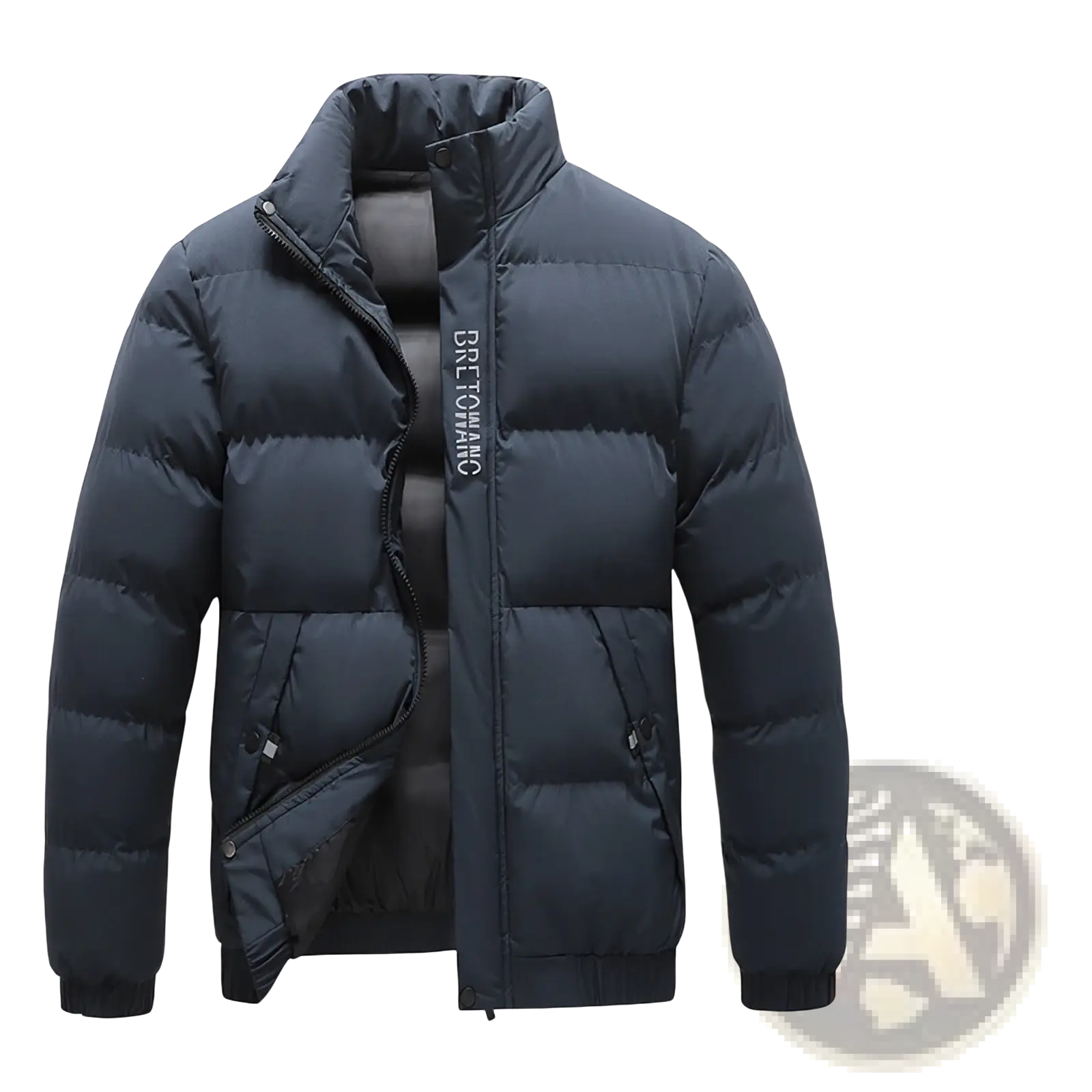 Men’s dark navy warm padded down jacket with quilted design and vertical branding on the front for cold weather