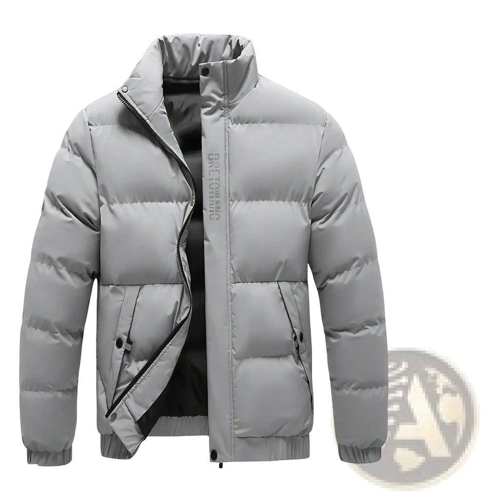 Men’s warm padded down jacket gray with quilted design high collar and black zipper accents
