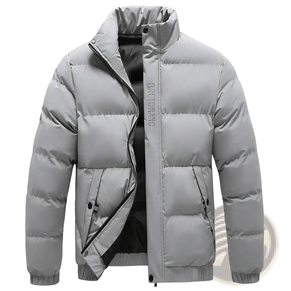 Men’s warm padded down jacket in gray with high collar, black zipper accents, and bretonic logo on left side seam