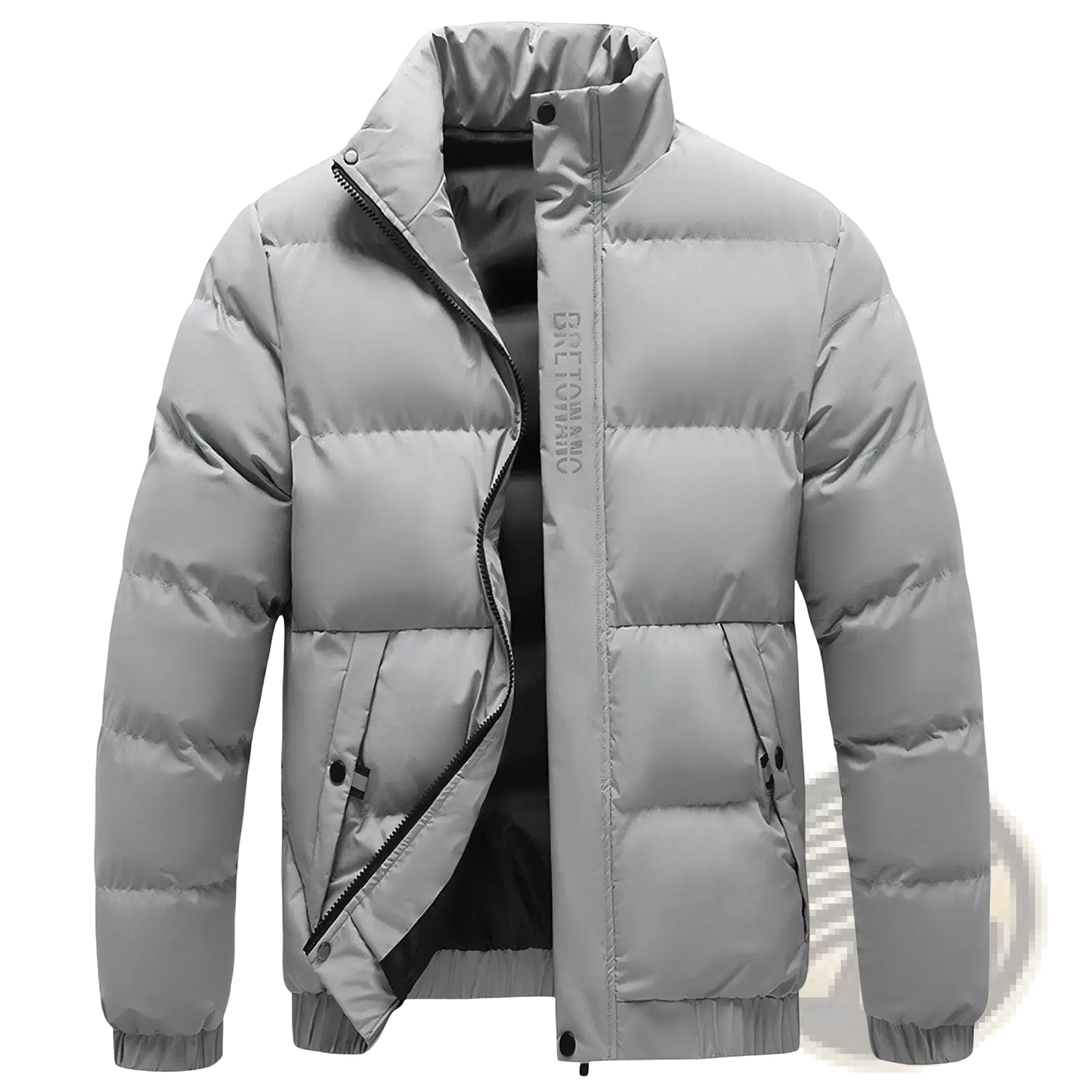 Men’s warm padded down jacket in gray with high collar, black zipper accents, and bretonic logo on left side seam