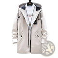 Mens water resistant hooded jacket in cream color with black zipper accents and drawstrings for outdoor use