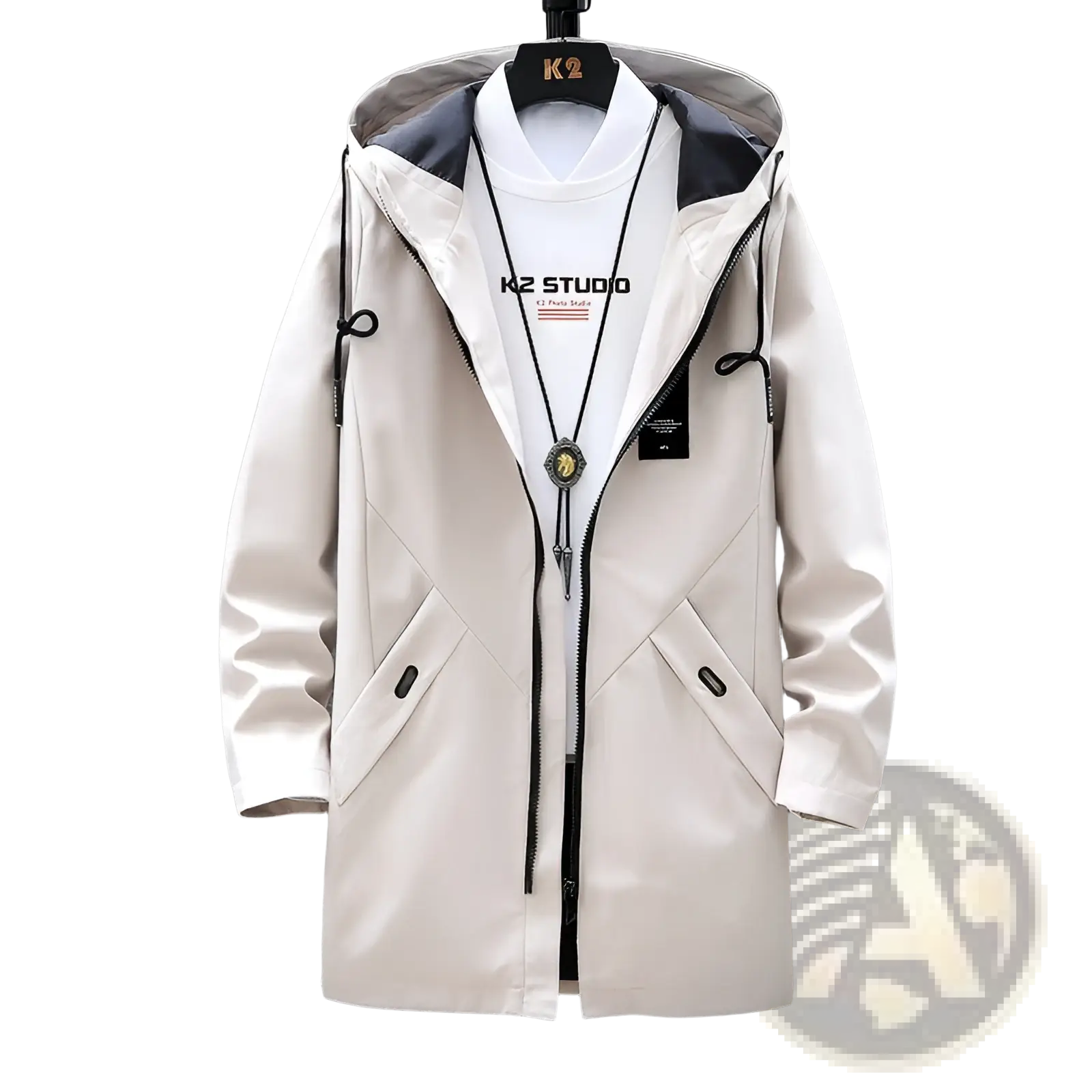 Mens water resistant hooded jacket in cream color with black zipper accents and drawstrings for outdoor use