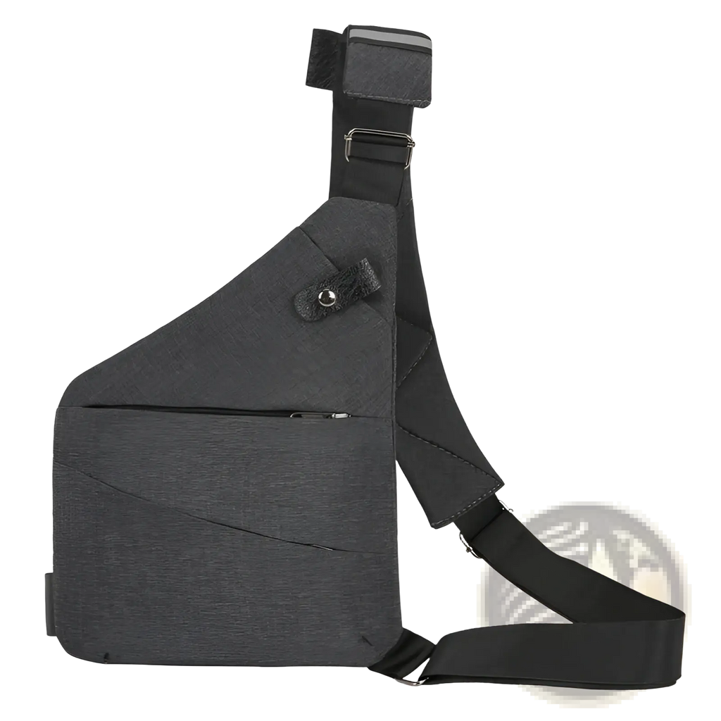 Men’s waterproof anti-theft multifunctional crossbody bag in dark gray textured fabric with black adjustable strap and silver hardware