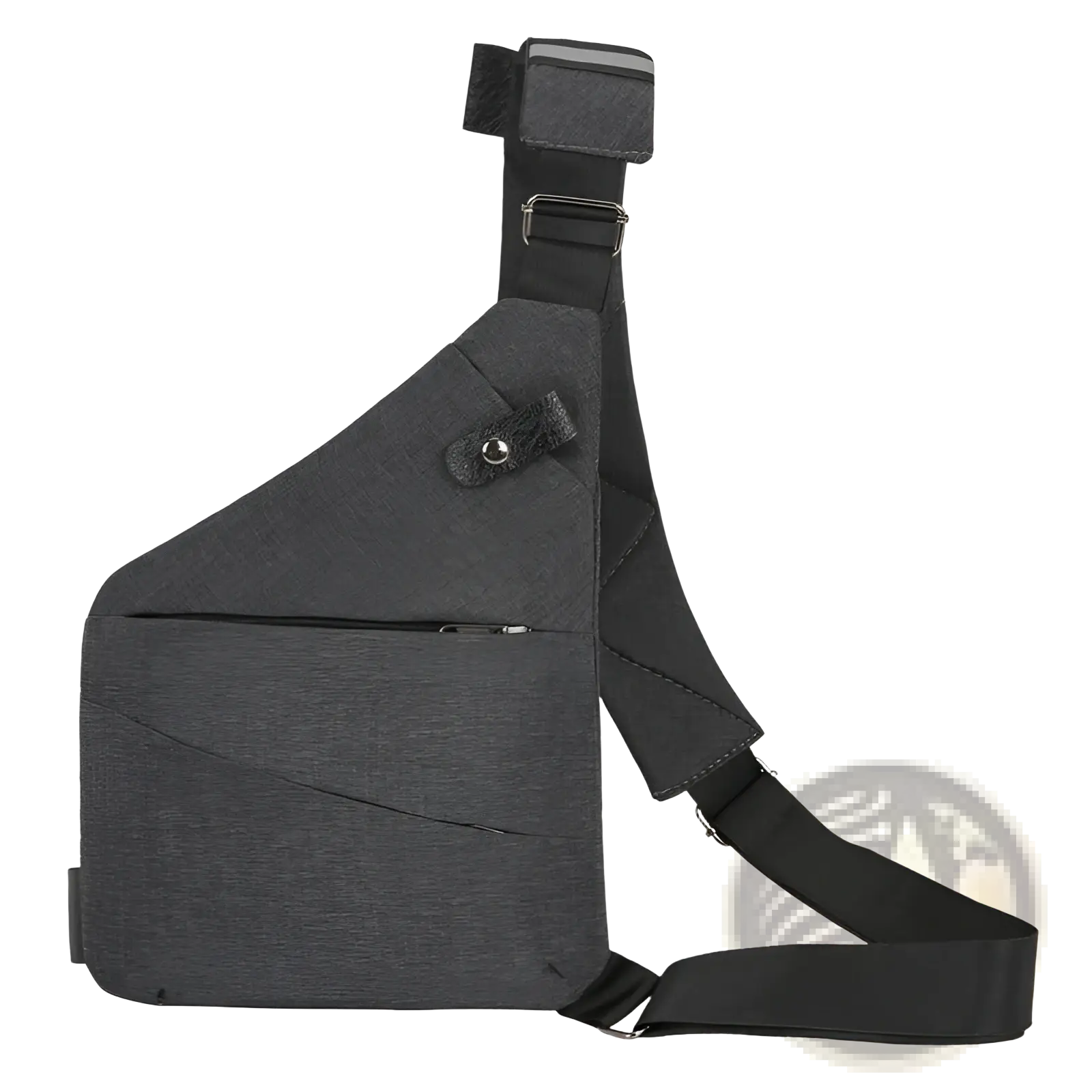 Men’s waterproof anti-theft multifunctional crossbody bag in dark gray textured fabric with black adjustable strap and silver hardware