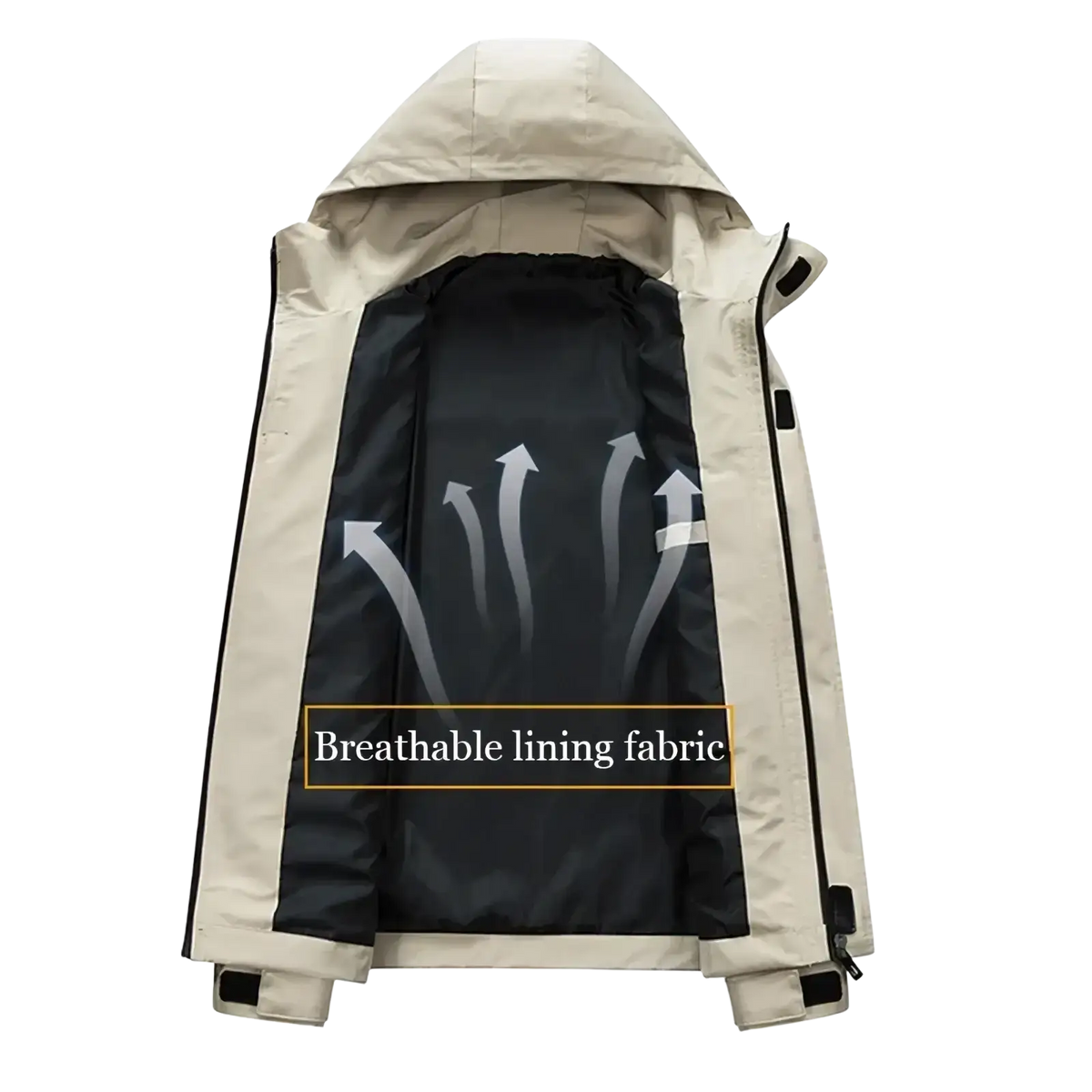 Beige mens waterproof casual hooded jacket with black breathable lining featuring arrow graphics for outdoor use