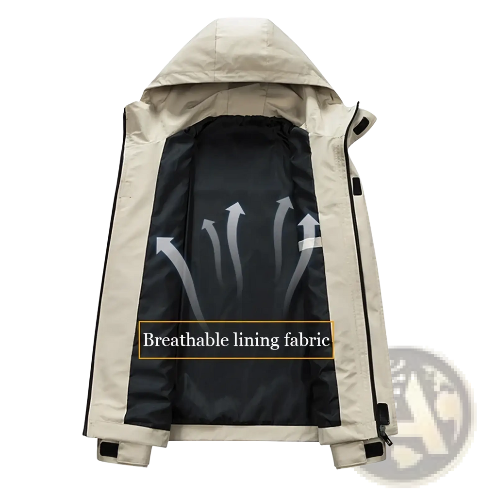 Beige mens waterproof casual hooded jacket with black breathable lining fabric for enhanced comfort and protection