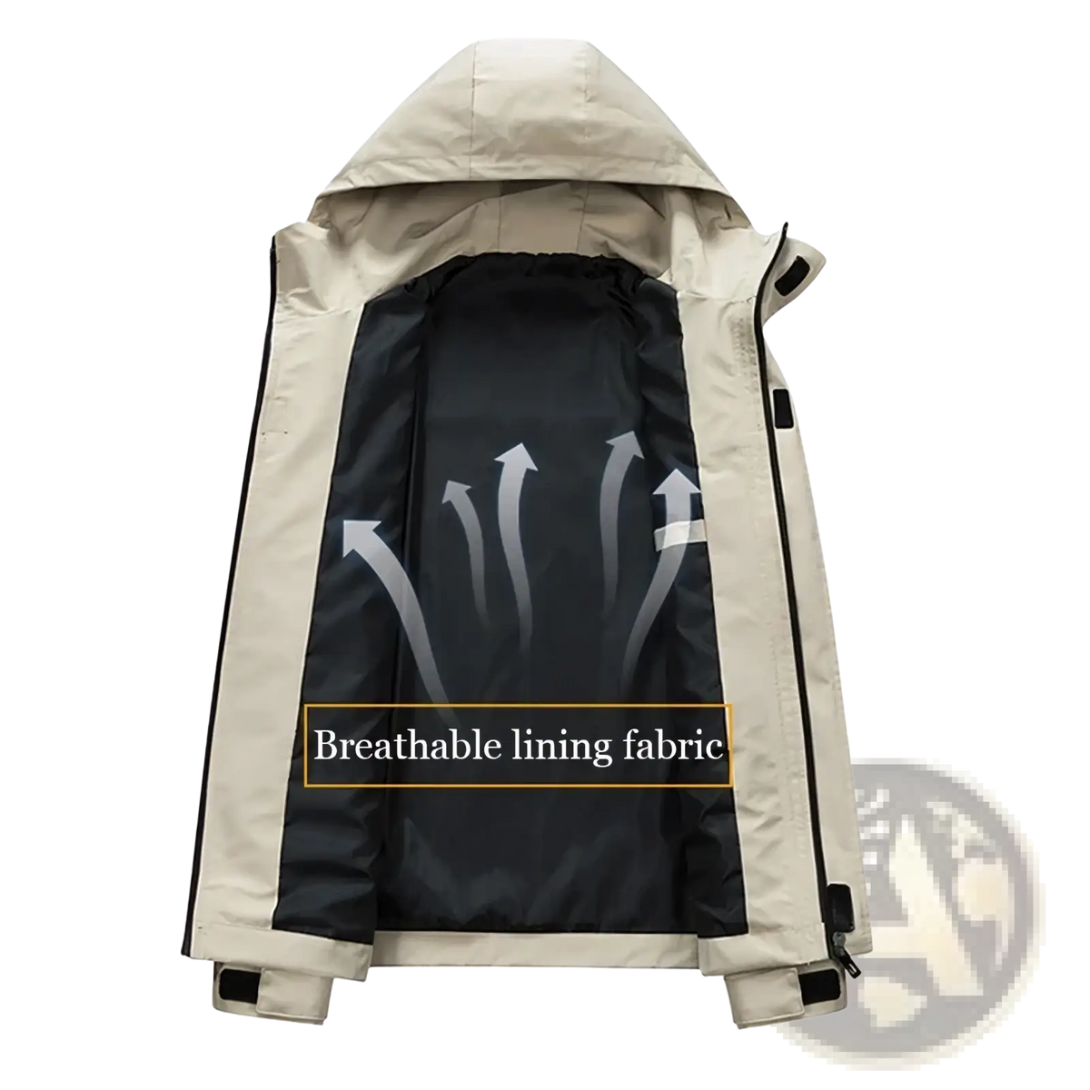 Beige mens waterproof casual hooded jacket with black breathable lining fabric for enhanced comfort and protection