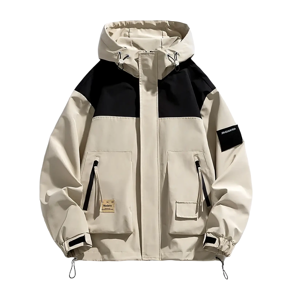 Beige and black mens waterproof casual hooded jacket with matte finish, zipper pockets, and branded sleeve patch