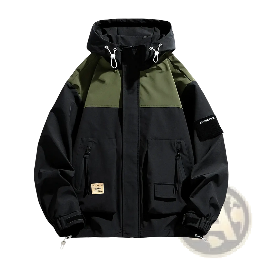 Mens waterproof casual hooded jacket in black and olive green color block with matte finish and front zippered pockets