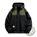 Mens waterproof casual hooded jacket in black and olive green color block with matte finish and front zippered pockets