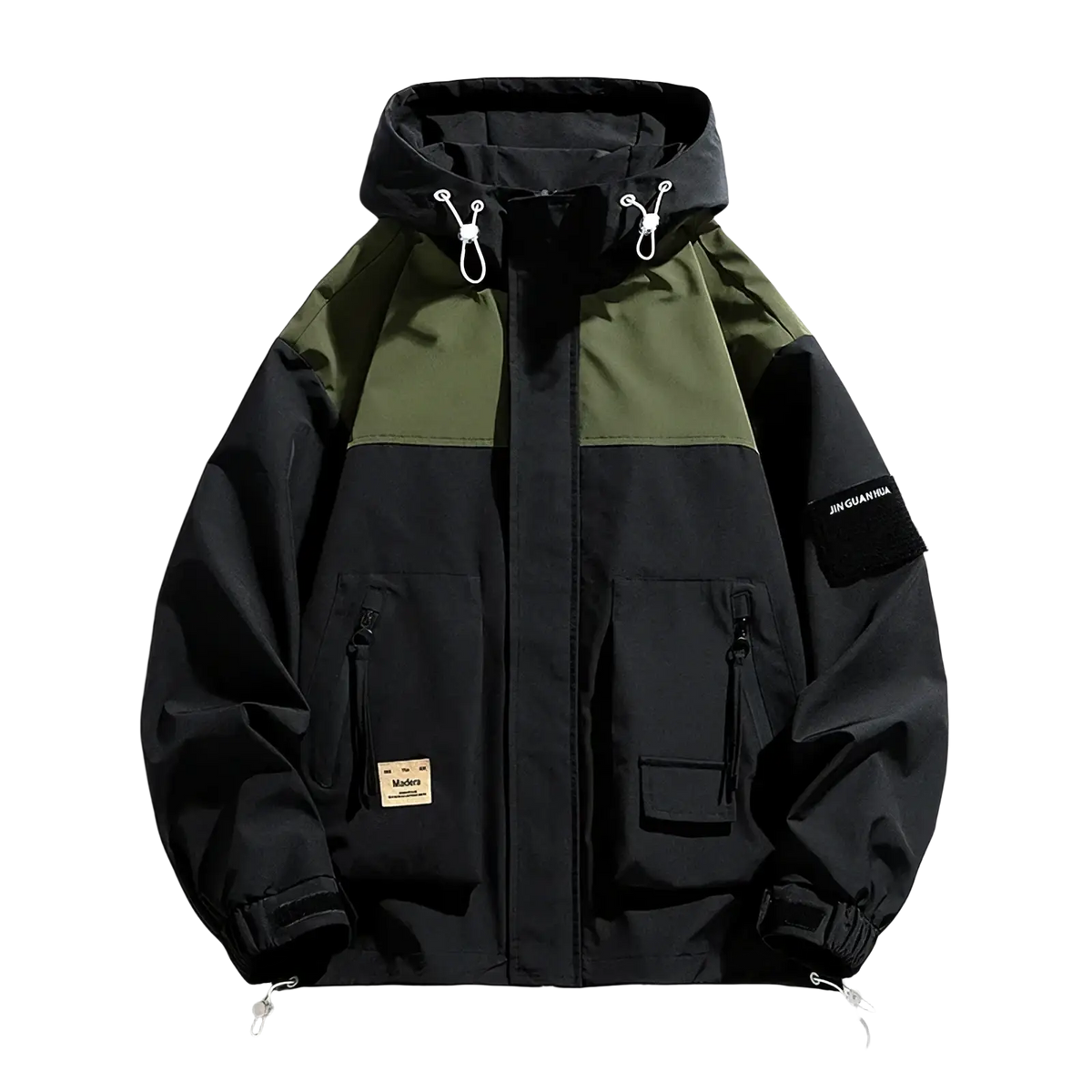 Mens waterproof casual hooded jacket in black and olive green color block with matte finish and front zippered pockets