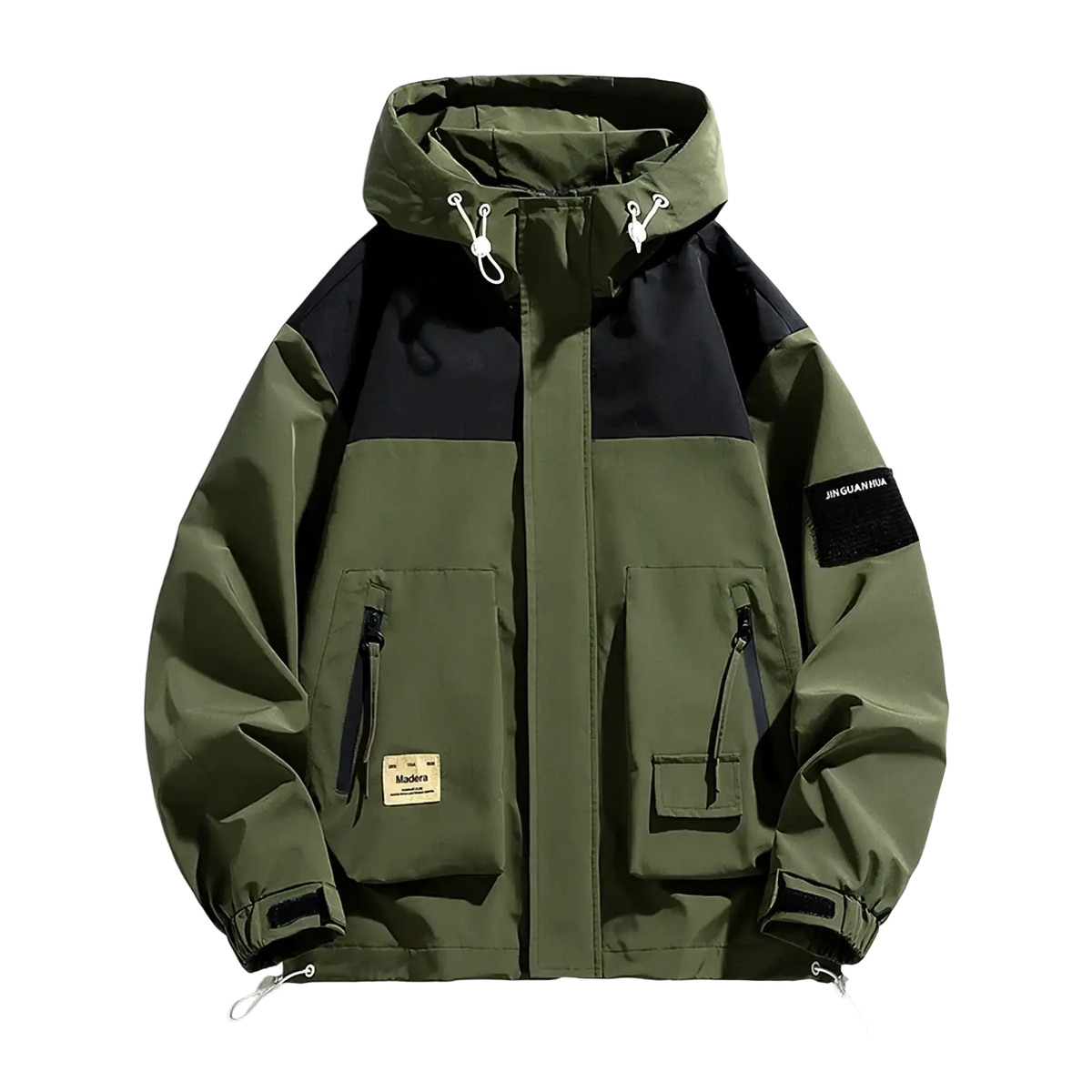 Mens waterproof casual hooded jacket in olive green and black patchwork with drawstring cuffs and zippered pockets