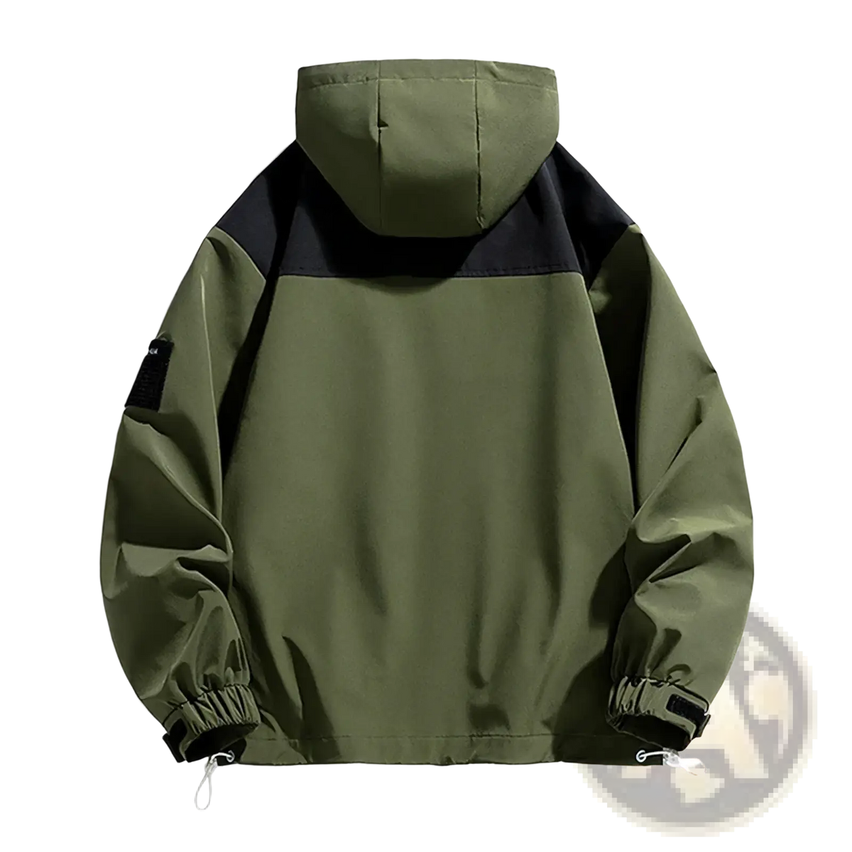 Mens waterproof casual hooded jacket in olive green and black with drawstring cuffs and sleeve patch