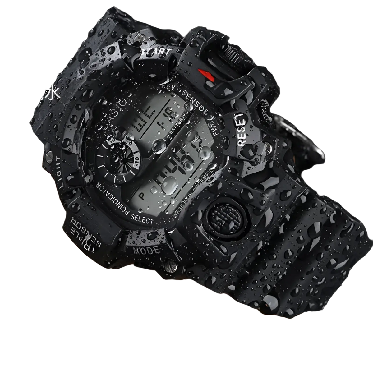 Men’s waterproof digital sports watch in black with rugged textured casing and strap for durable outdoor use