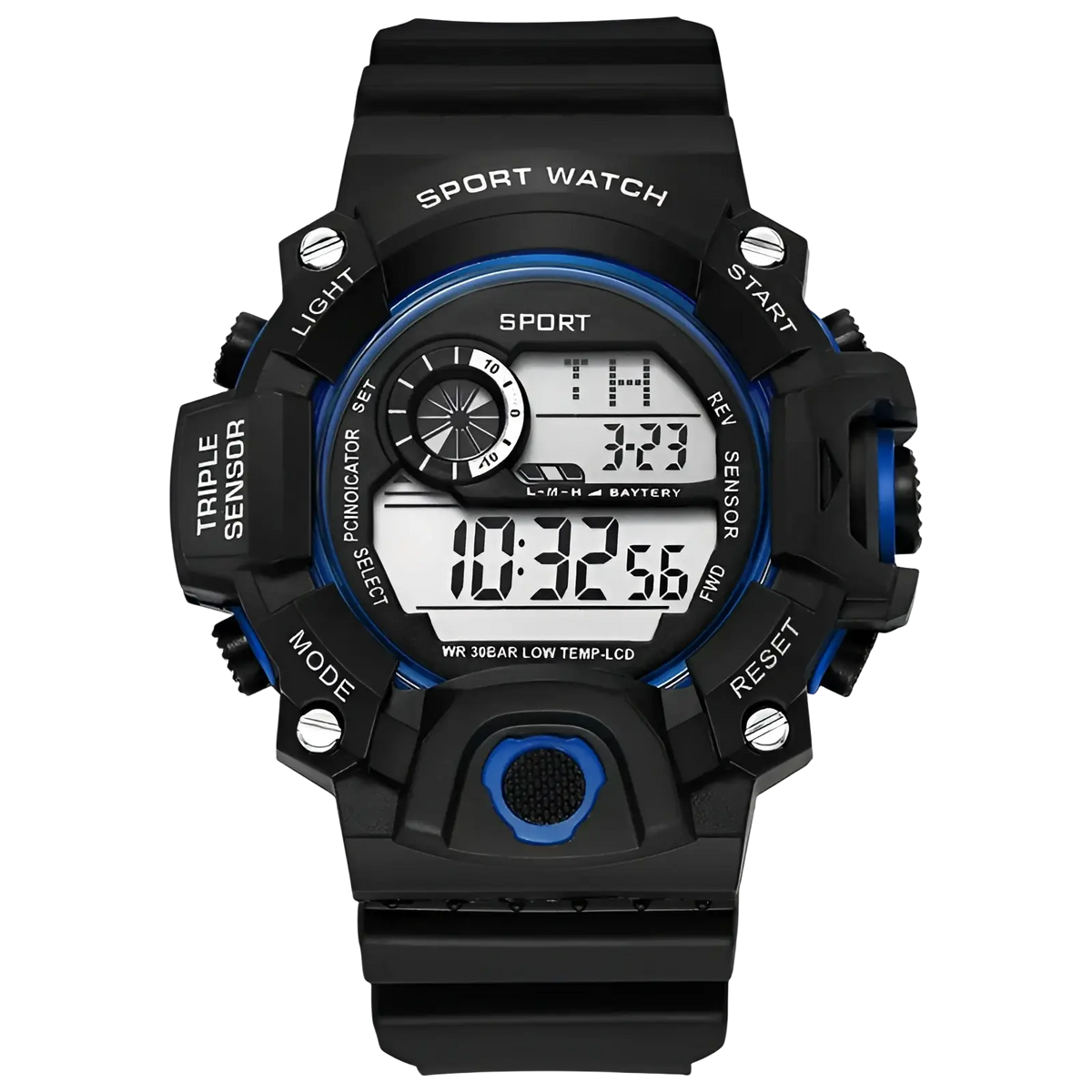 Men’s waterproof digital sports watch in black and blue with a rugged textured case and strap for durability