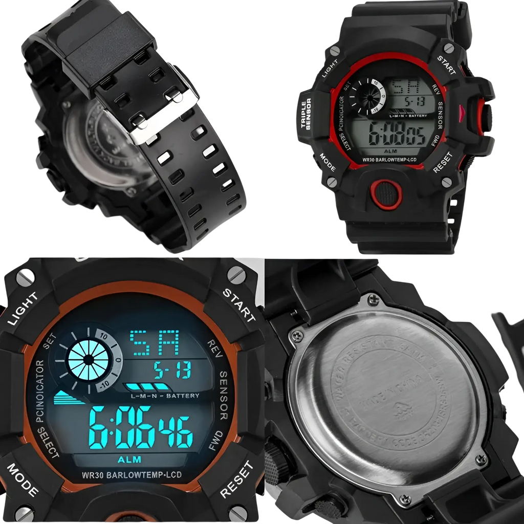 Men’s waterproof digital sports watch with black and red durable plastic case, rubber strap, and blue led display
