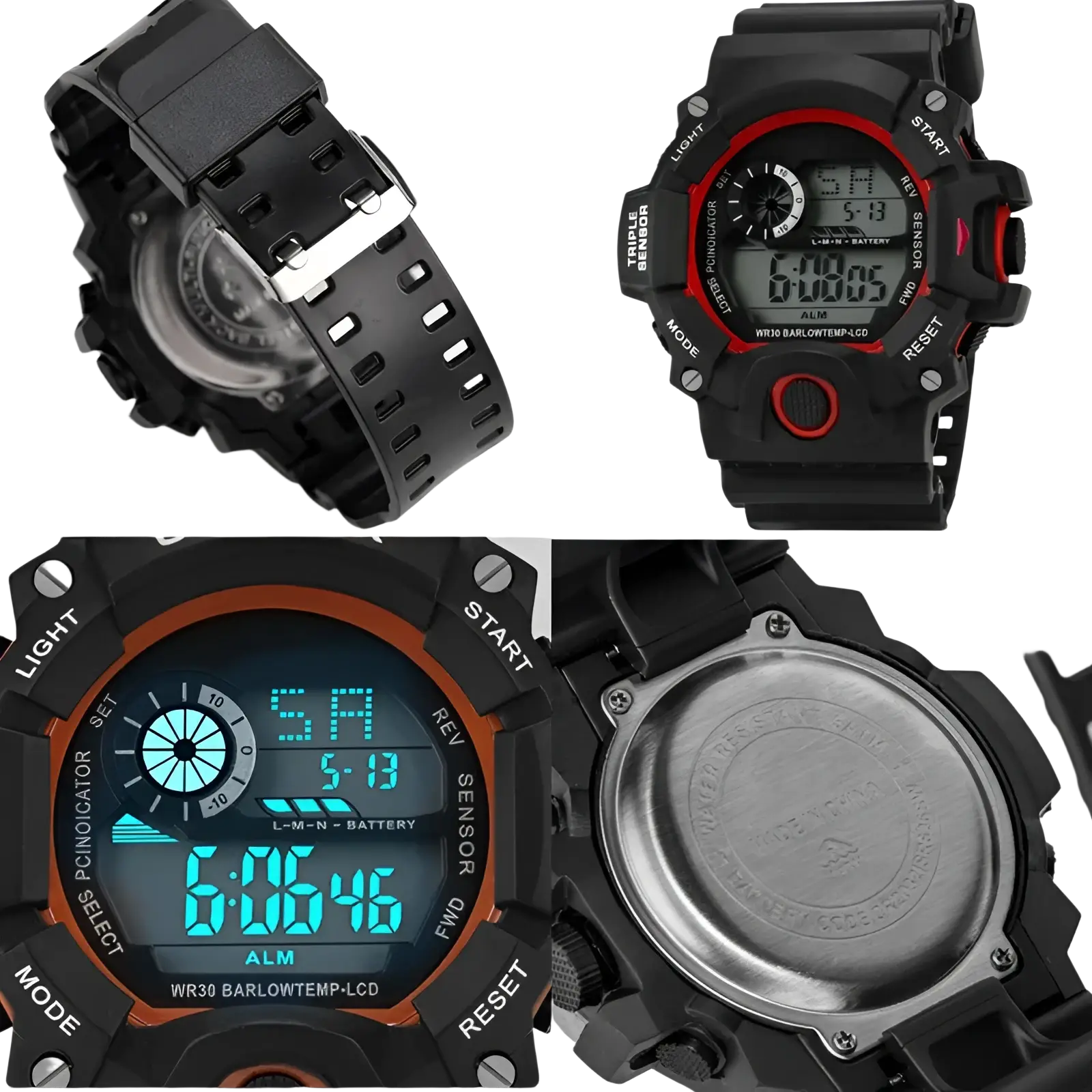 Men’s waterproof digital sports watch with black and red durable plastic case, rubber strap, and blue led display
