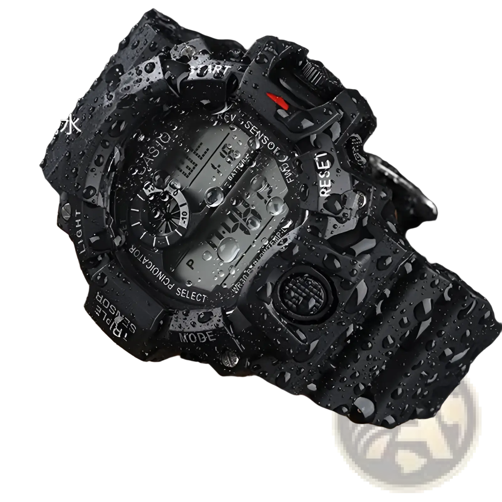 Men’s waterproof digital sports watch in black with rugged textured casing and strap for durable outdoor use