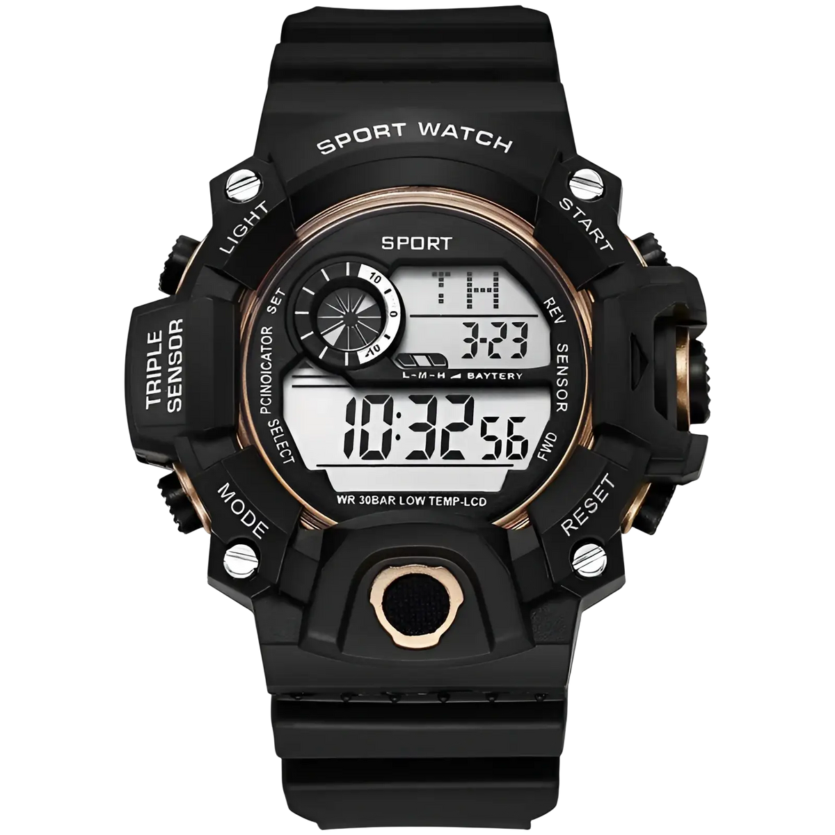 Men’s waterproof digital sports watch in black with a rugged matte plastic case and gold-tone accents around the display