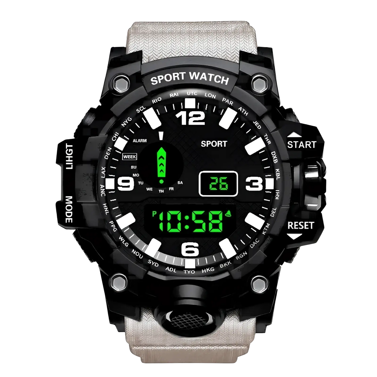 Men’s waterproof digital sports watch with black case, gray textured strap, and green led display showing time and date
