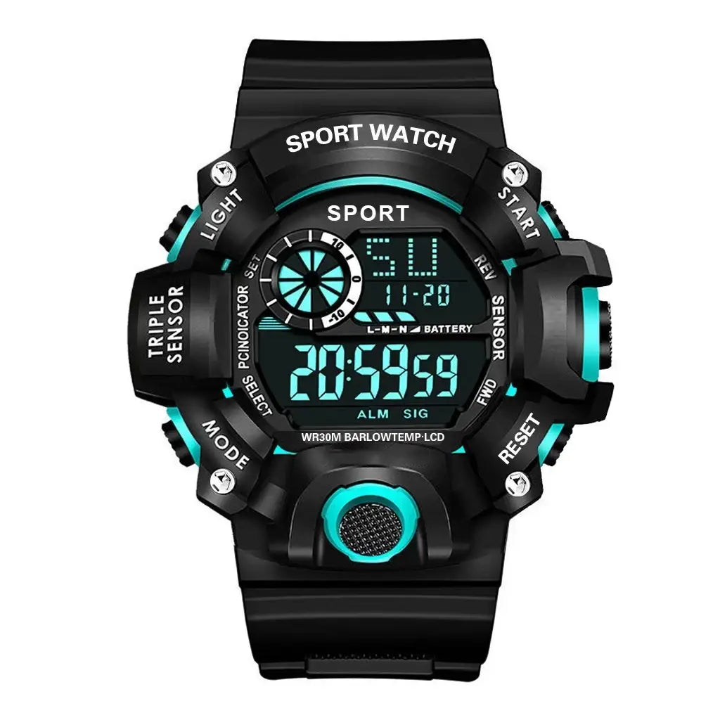 Men’s waterproof digital sports watch in black with teal accents and rugged multifunctional design featuring light start and reset buttons
