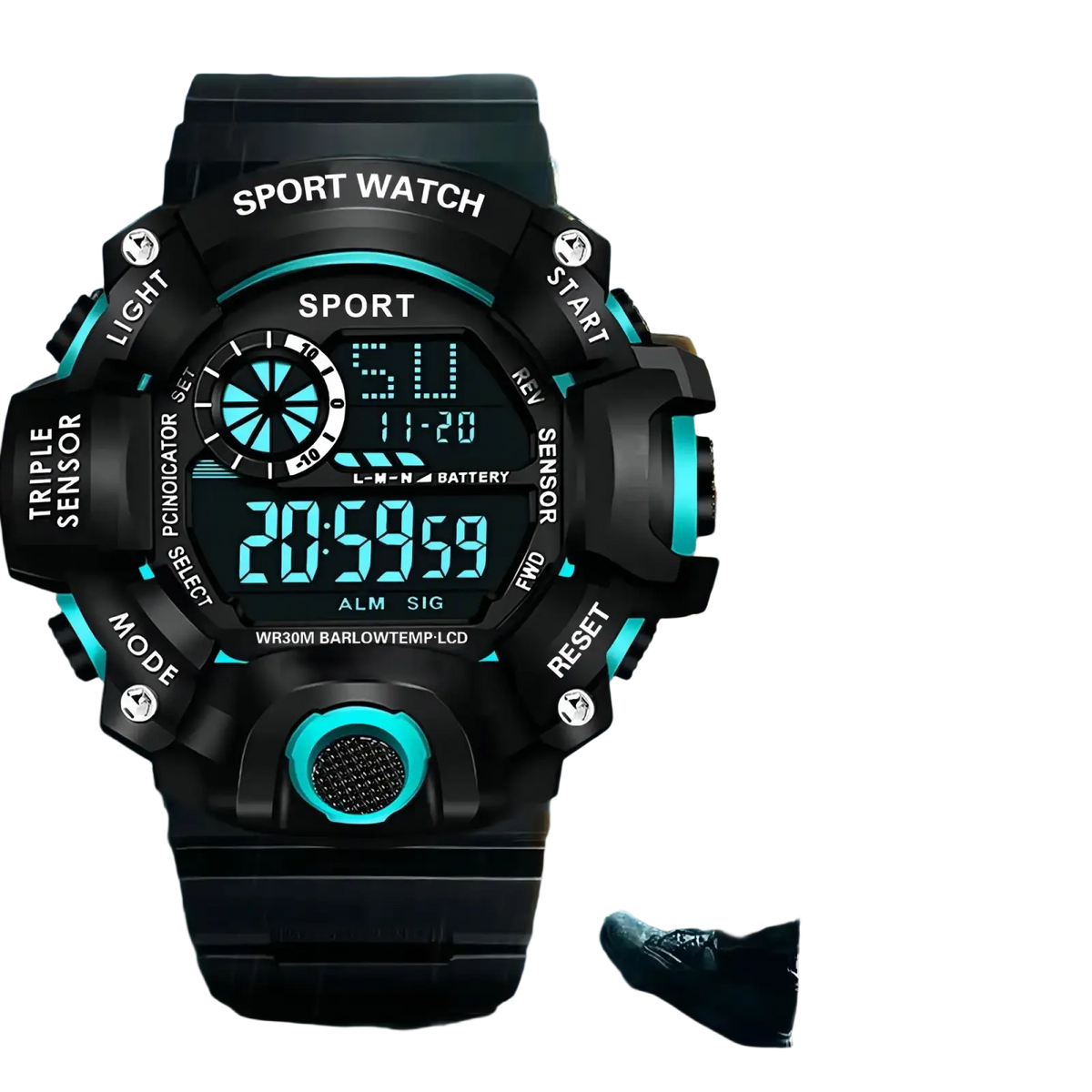Men’s waterproof digital sports watch in black and teal with rugged tactical design and multiple function buttons