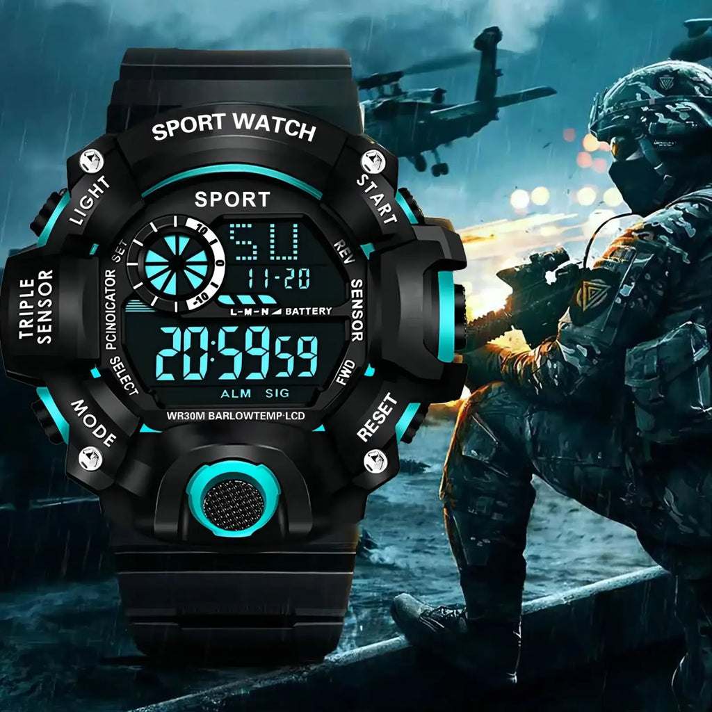Men’s waterproof digital sports watch in black and teal with rugged tactical design and multiple function buttons
